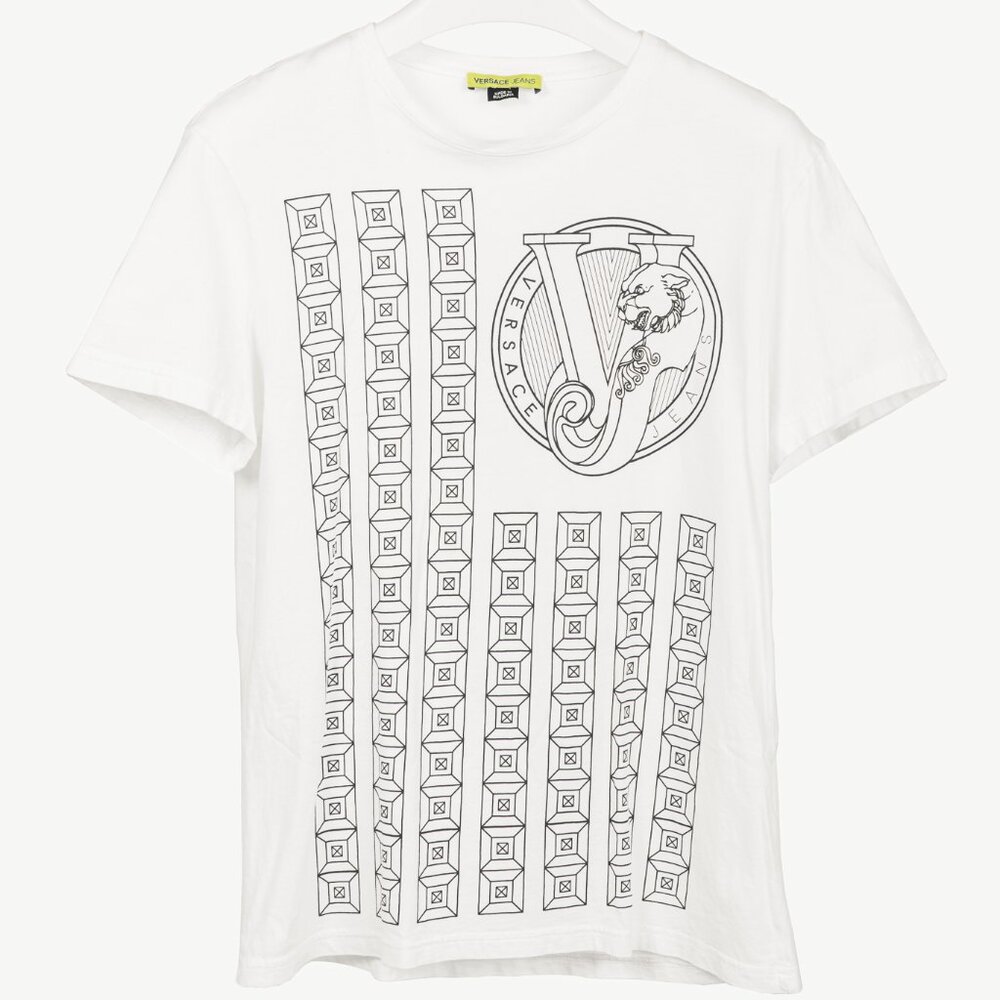 Versace Jeans White Cotton Panther & Geometric-Graphic T-Shirt